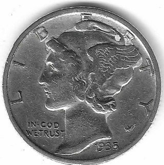 1935 Mercury Dime 90% Silver U.S. 10 Cent Coin