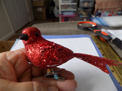 Vintage metallic glittery red bird clip on the branch ornament