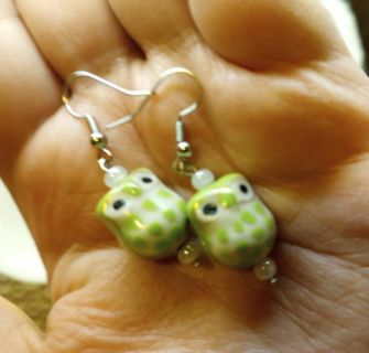Whimsical green owl earrings