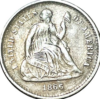 1866 S Half Dime, Genuine, Guaranteed Refund, Rare, Without Arrows. Seated Liberty, Insured,
