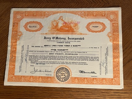 Jerry O'Mahony Inc. stock certificate 1000 shares!!! 1954 Roadside Dining Car Diners 