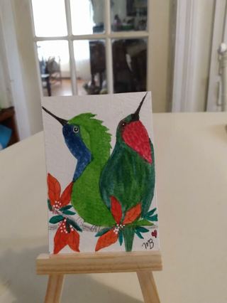 ACEO Original, Watercolor Painting 2-1/2"X 3/1/2" Optical illusion Birds by Artist Marykay Bond