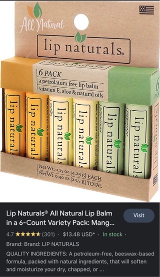 Lip Naturals 6-pack of Petroleum Free Lip Balm with Vita E Aloe & Natural Oils