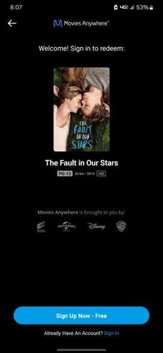 The fault in our stars Digital HD movie code MA/VUDU/iTunes