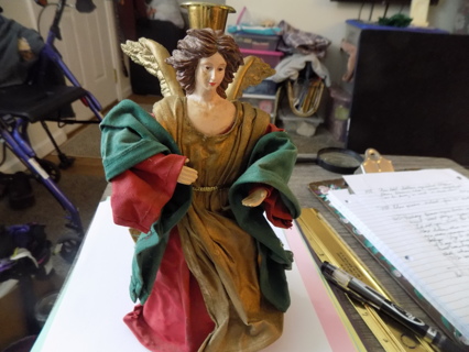 10 inch tall resin and paper mache angel goldtone metal taper candle holder