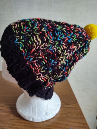 Hand Knit Black Neon Hat with Pom-pom 