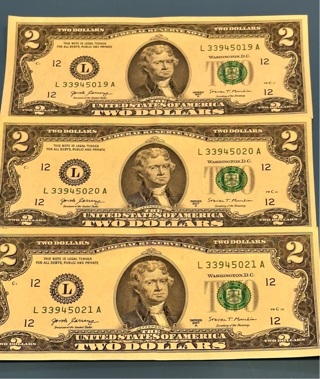2 Dollar Bills in sequence x 3 