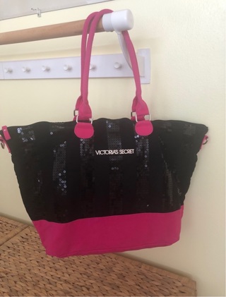 Victoria’s Secret Full Zip Large Tote Bag Purse • Black & Pink Sequin • Free Shipping