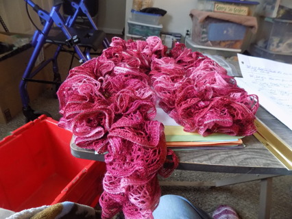 hand crocheted long ruffled Cranberry and pink scarf