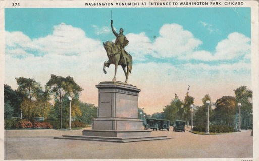 Vintage Used Postcard: (q): 1929 Washington Monument, Washington Park, Chicago, IL