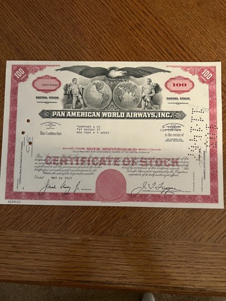 Pan American PanAm World Airways stock certificate 1967 famous airline that went bankrupt