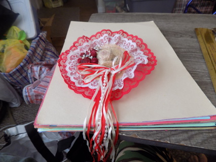 Red and white lace 7 inch round accent red silk roses pearls, and ribbon