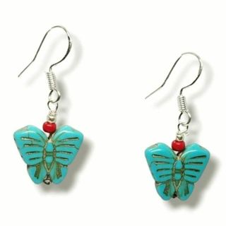 Buterfly drop earrings Turquoise magnesite red accent beads sterling silver 925