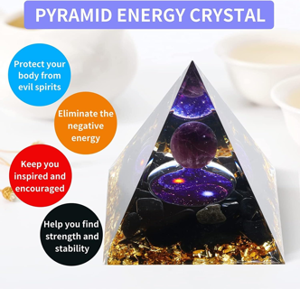 Orgone Healing Pyramid - (Star Tai Chi) - Amethyst & Obsidian - Courage, Strength, Positive Energy