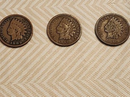 1889,1890,1891 Indian head one cent pieces