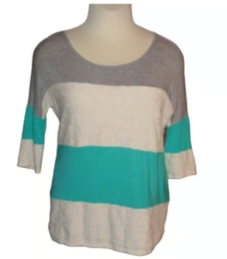 Multicolor Stripe Colorblock TShirt Tee Shirt Tunic Top Sz M Stretch 3/4 Sleeves