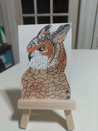 ACEO Original, Watercolor Painting 2-1/2"X 3/1/2" Whimsical Owl by Artist Marykay Bond