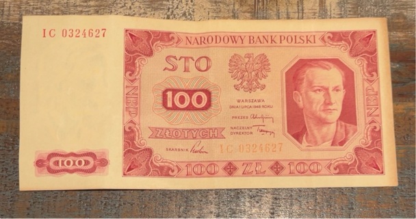 Vintage 1948 Poland 100 Zlotych Banknote 