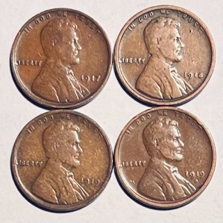 4 Different 19-Teens Lincoln Wheat Pennies 