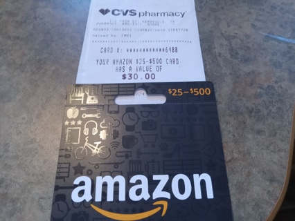 $30 AMAZON GIFT CARD. DIGITAL DELIVERY.  WINNER GETS THE GIFT CARD CODE. MAKE A GIN OFFER.