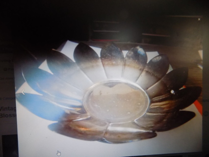 Vintage 7 inch round silver plated fully open Lotus Blossom bowl/ dish says Leonard engraved bottom