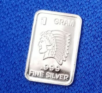 .999 pure fine Silver one gram Collectable bar ~ Indian Head ~