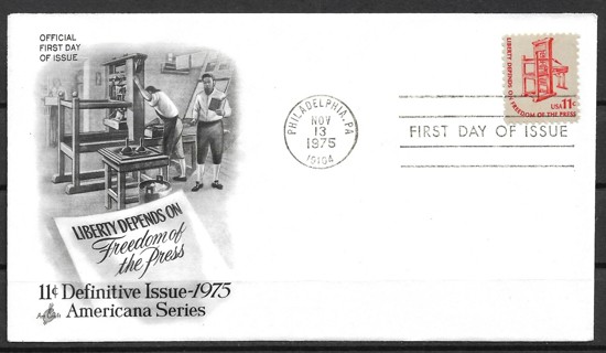 1975 Sc1593 Americana Series: 11¢ Printing Press FDC