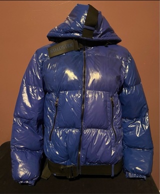 Jordan Craig Legacy blue patent leather puffer coat