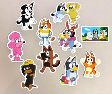 10 STICKERS- BLUEY! + her family & friends - as pictured - for water bottles, devices, etc