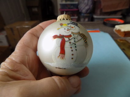 Vintage 2 1/2 inch round frosted ornament handpainted snowman couple signed # 1