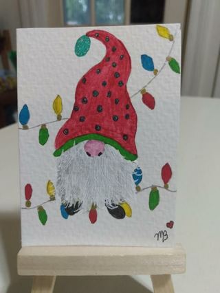 ACEO Original, Watercolor Painting 2-1/2"X 3/1/2" Holiday Go Gnome by Artist Marykay Bond