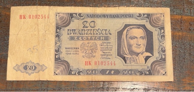 Vintage 1948 Poland 20 Zlotych Banknote 