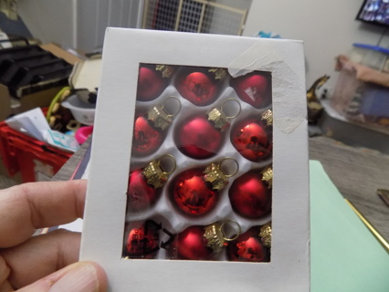 Set of 12 red metallic miniature glass ornaments about 1 inch round