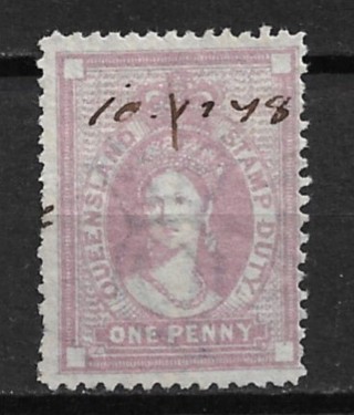 1872 Queensland ScRA18 1p Queen Elizabeth Fiscal used SCV$29.00