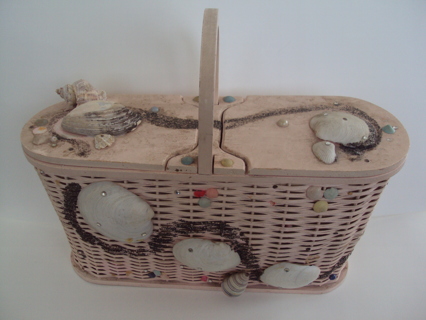 Vintage Babette Pink Wicker Basket Purse Sea Shells