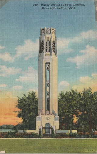 Vintage Used Postcard: gin z: 1954 Nancy Brown's Peace Carillon, Belle Isle, Detroit, MI