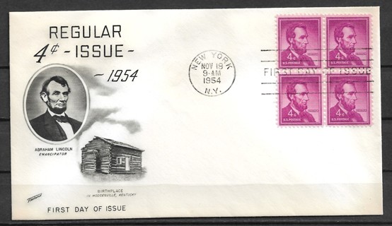 1954 Sc1036 4¢ Abraham Lincoln block of 4 FDC