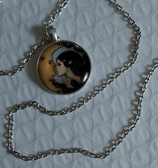 NEW ~ Kissing the Man in the Moon ~ PENDANT NECKLACE 19” Silvertone Chain
