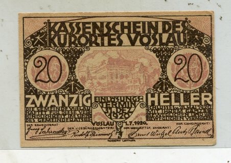 1920  Kassenschein Austria 20 Heller Banknote