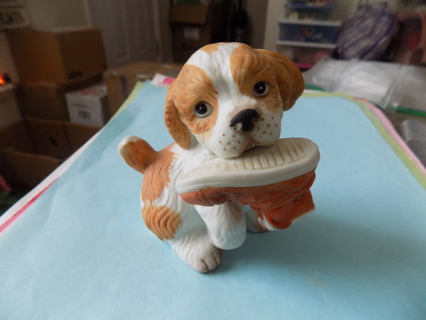 Vintage Homeco porcelain bisque brown & white puppy chewing up a shoe 4 inch