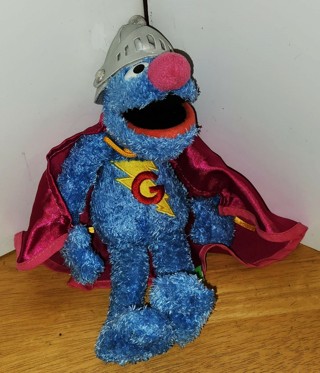 Sesame Place SUPER GROVER stuffed animal - 12" tall - VG pre-owned condition