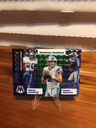 Barry Sanders/Matt Stafford/Calvin Johnson 2020 Panini Mosaic Flea Flicker Green Prizm #FF7