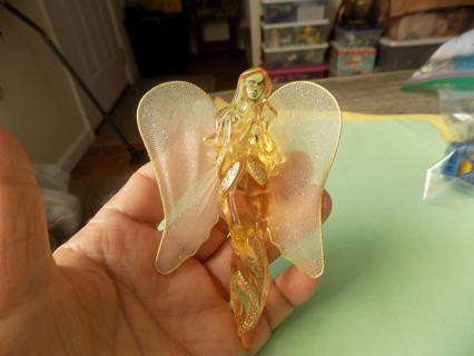 Clip on Yellow angel praying ornament 5 inch tall gold netted wings