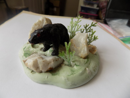 Hand made black bear scene made of  plaster paris has bear, rocks, greenery Vintage 1985