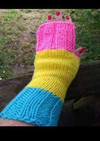 Hand knitted Pansexual fingerless gloves