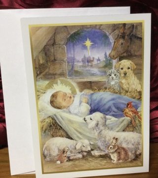 Baby Jesus and Loving Animals Christmas Card