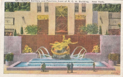 Vintage Used Postcard: (s): 1935 Fountain front of RCA Building, NYC, NY