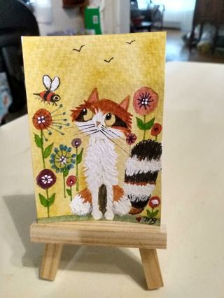 ACEO Original Watercolor & Acrylic Painting 2-1/2X 3/1/2" Cat Flowers and Bee by Artist Marykay Bond