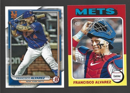 Francisco Alvarez 2 different 2024 Cards - Topps Heritage #411 & Bowman #75 - New York Mets