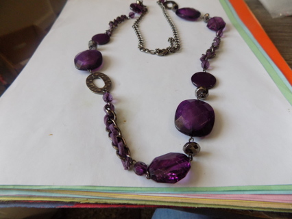 Vtg long strand purple lg faceted beads necklace different shapes on gun metal chain